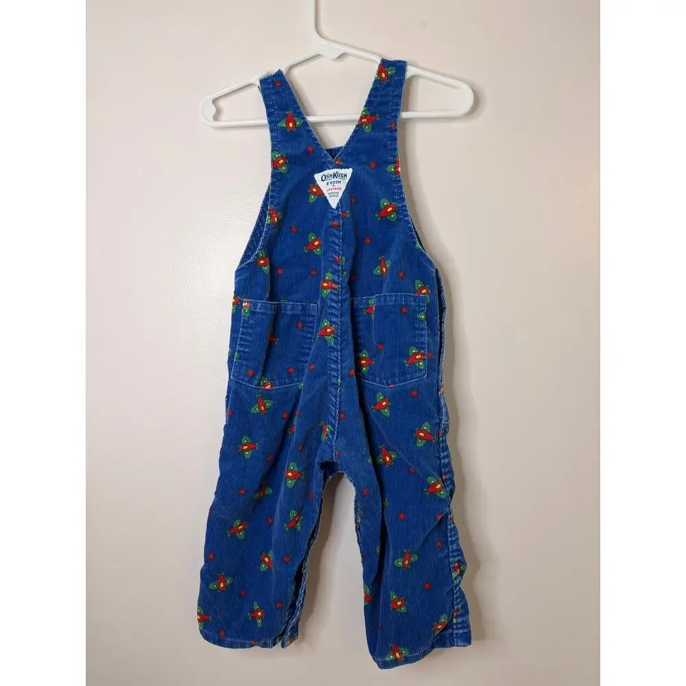 VTG OshKosh B’Gosh Vestbak Rocket Print Corduroy Overalls 24M EUC USA Rare 80s